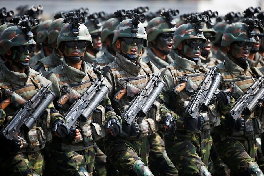North Korean soldiers take part in a military parade. (Reuters)